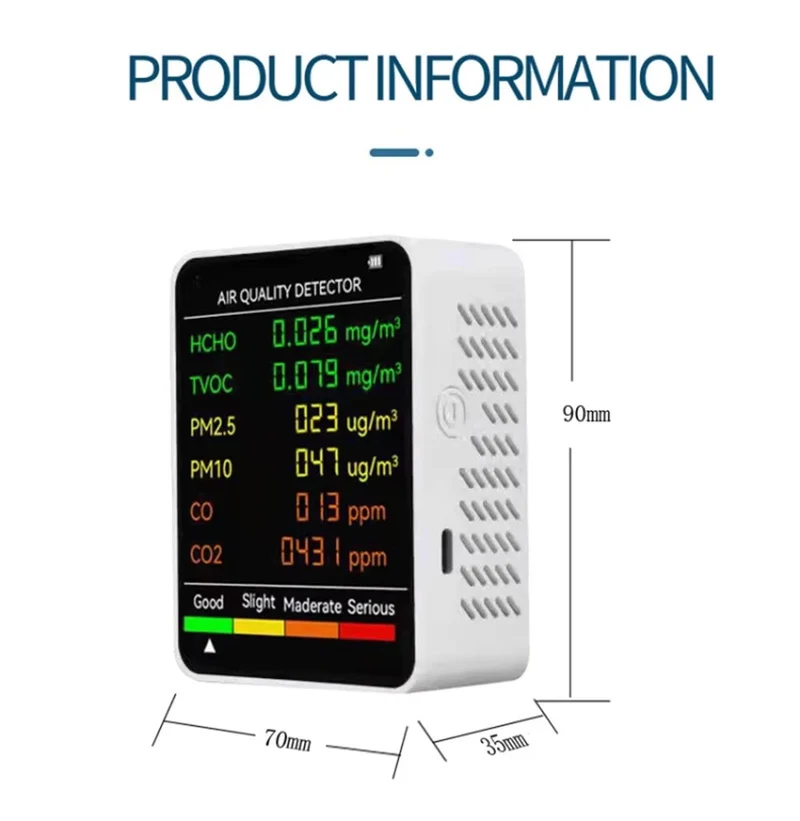 6-in-1 Luchtkwaliteitsmeter CO2 Temperatuur Vochtigheid PM2.5 PM10 TVOC Monitor Realtime Display Binnenklimaat | Sansoti