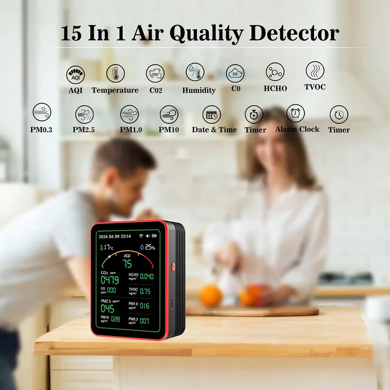 15-in-1 Luchtkwaliteitsmeter WiFi CO2 Formaldehyde TVOC Fijnstof Monitor voor Thuis Kantoor Woonkamer | Sansoti