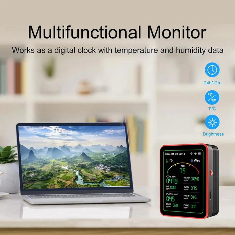 15-in-1 Luchtkwaliteitsmeter WiFi CO2 Formaldehyde TVOC Fijnstof Monitor voor Thuis Kantoor Woonkamer | Sansoti