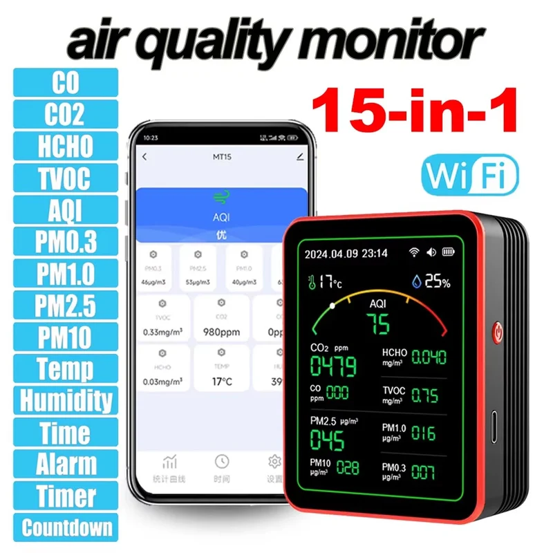 15-in-1 Luchtkwaliteitsmeter WiFi CO2 Formaldehyde TVOC Fijnstof Monitor voor Thuis Kantoor Woonkamer | Sansoti