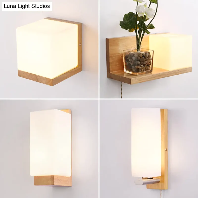 Geometrische Wandlamp Hout Crème Glas Trap Gang Hal Modern Minimalistisch Design E26 E27 Fitting Slaapkamer | Sansoti