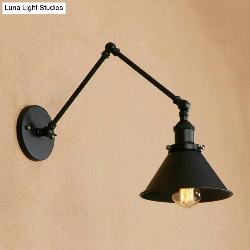 Zwarte Wandlamp Verstelbare Arm Kegelvormige Kap Industrieel Design Metaal E26 E27 Fitting Woonkamer | Sansoti