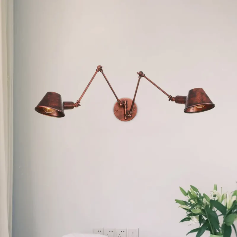 Industriële Wandlamp met Verstelbare Arm Roestbruin Metaal 2-3 Lichtpunten Conische Kap E26 E27 Woonkamer | Sansoti