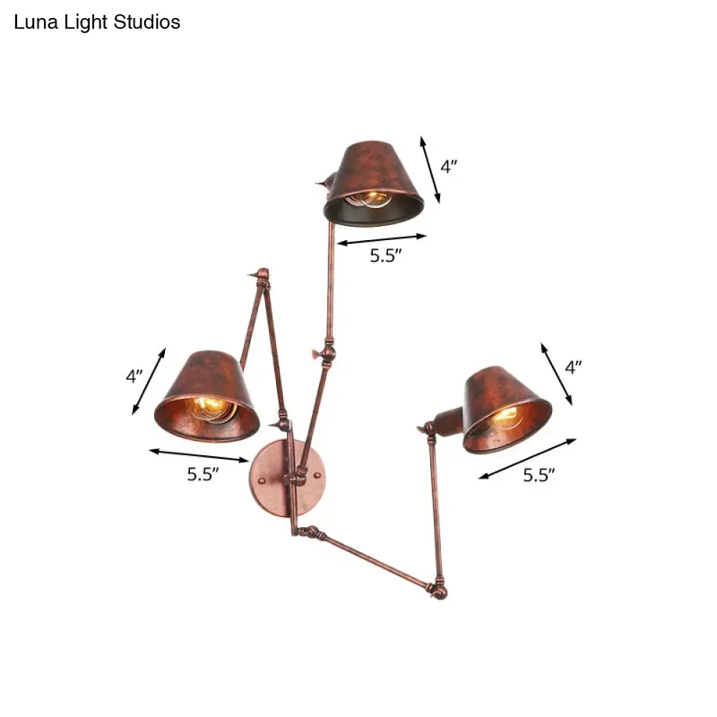 Industriële Wandlamp met Verstelbare Arm Roestbruin Metaal 2-3 Lichtpunten Conische Kap E26 E27 Woonkamer | Sansoti