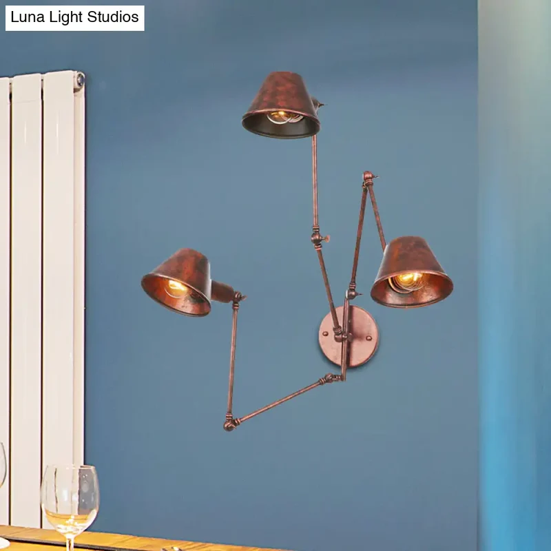 Industriële Wandlamp met Verstelbare Arm Roestbruin Metaal 2-3 Lichtpunten Conische Kap E26 E27 Woonkamer | Sansoti