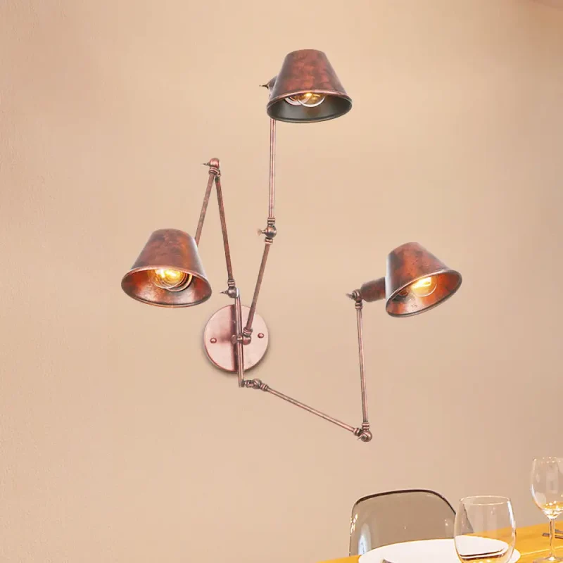 Industriële Wandlamp met Verstelbare Arm Roestbruin Metaal 2-3 Lichtpunten Conische Kap E26 E27 Woonkamer | Sansoti