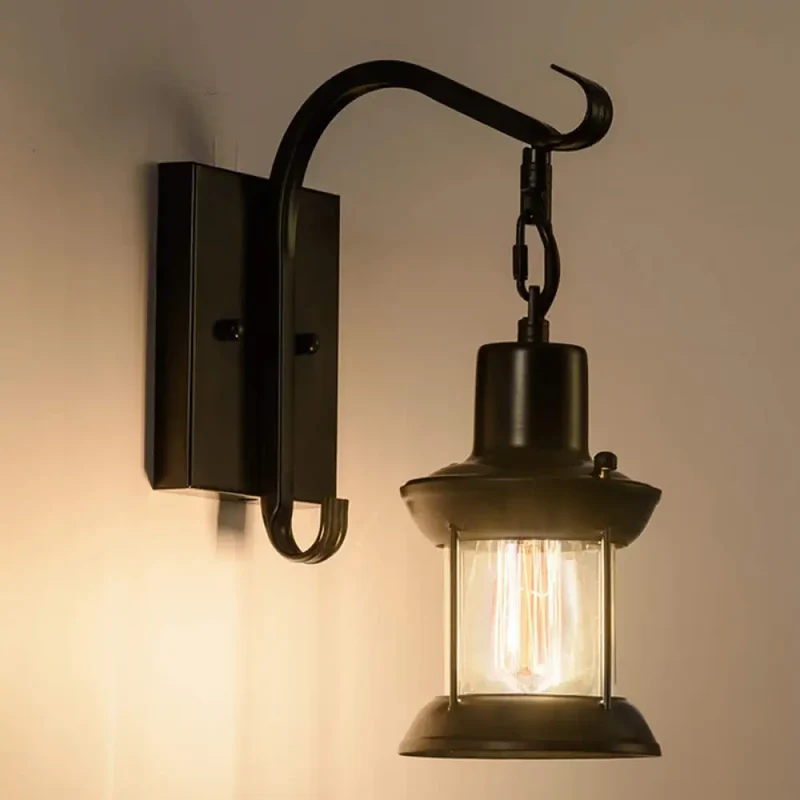 Wandlamp Glazen Lantaarn met Gebogen Arm Brons Zwart Industrieel Design voor Eetkamer Woonkamer Hal Sfeervol | Sansoti