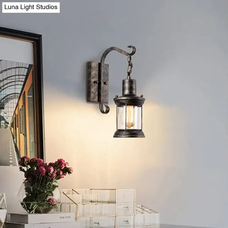Wandlamp Glazen Lantaarn met Gebogen Arm Brons Zwart Industrieel Design voor Eetkamer Woonkamer Hal Sfeervol | Sansoti
