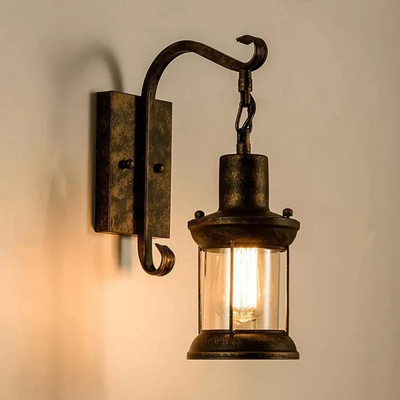 Wandlamp Glazen Lantaarn met Gebogen Arm Brons Zwart Industrieel Design voor Eetkamer Woonkamer Hal Sfeervol | Sansoti