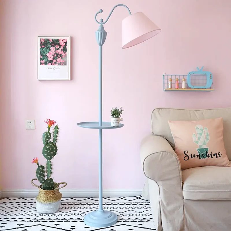 Staande Lamp met Stoffen Kap en Opbergplateau 160cm - Roze Blauw Geel Groen - E26/E27 Fitting - Moderne Vloerlamp | Sansoti