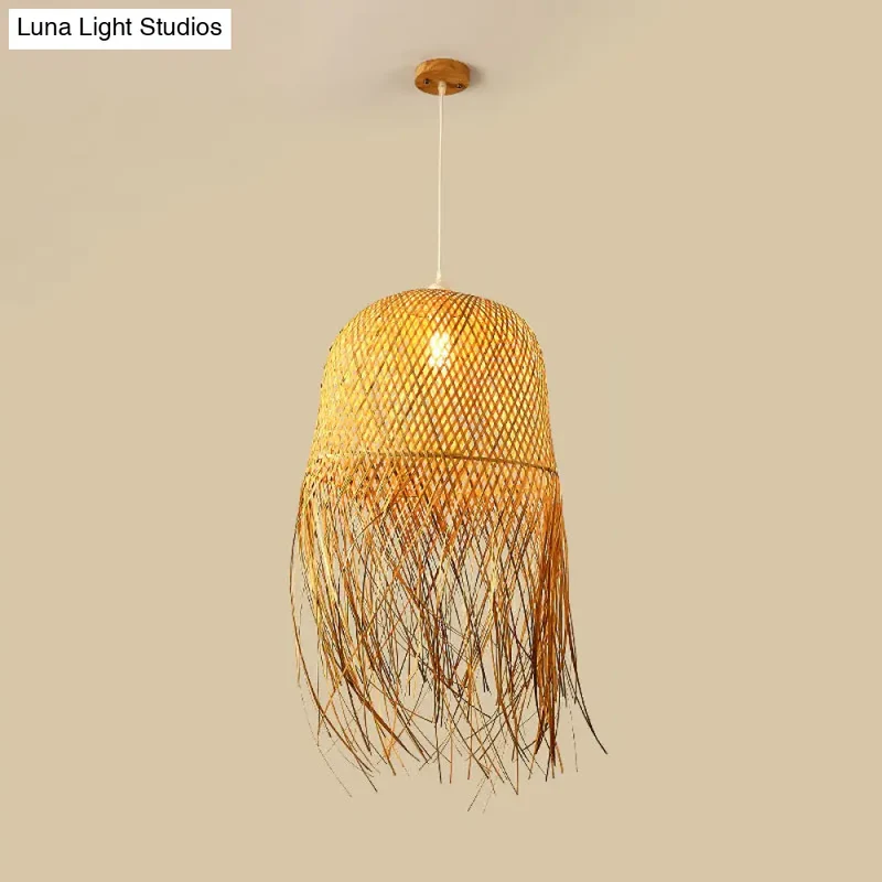 Hanglamp Bamboe Koepel met Franje Detail Natuurlijk Hout Scandinavisch Design Eetkamer Woonkamer E26 E27 | Sansoti