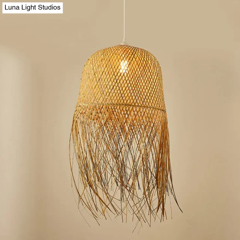 Hanglamp Bamboe Koepel met Franje Detail Natuurlijk Hout Scandinavisch Design Eetkamer Woonkamer E26 E27 | Sansoti