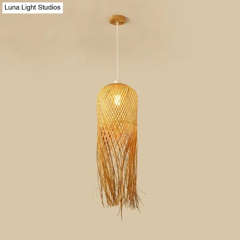 Hanglamp Bamboe Koepel met Franje Detail Natuurlijk Hout Scandinavisch Design Eetkamer Woonkamer E26 E27 | Sansoti