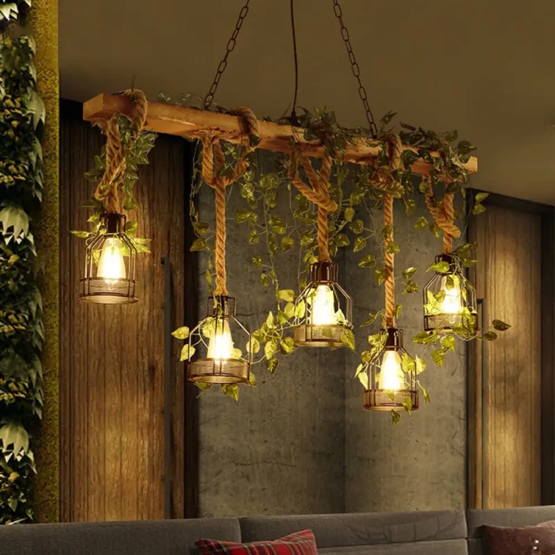 Industriële Hanglamp Hout 5-Lichts Beige met Kooistructuur voor Eetkamer Keukeneiland 109cm Plafondlamp | Sansoti