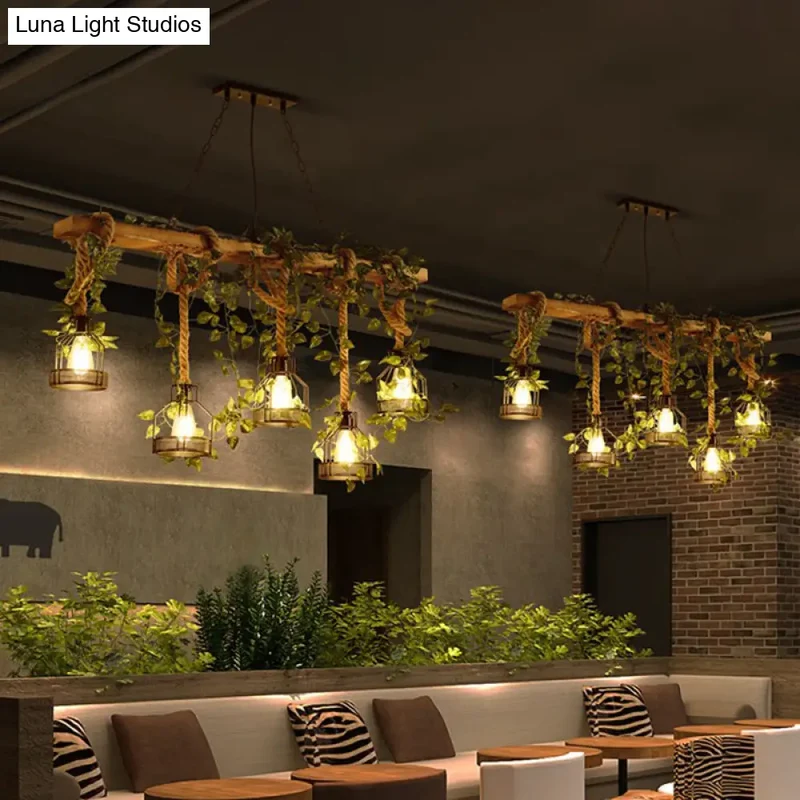 Industriële Hanglamp Hout 5-Lichts Beige met Kooistructuur voor Eetkamer Keukeneiland 109cm Plafondlamp | Sansoti
