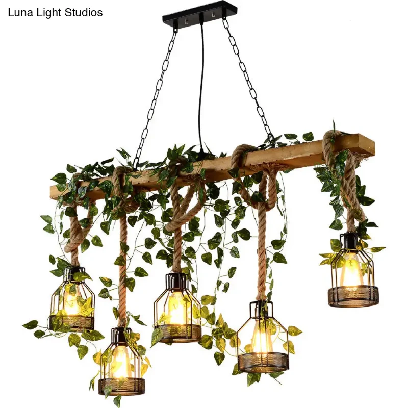 Industriële Hanglamp Hout 5-Lichts Beige met Kooistructuur voor Eetkamer Keukeneiland 109cm Plafondlamp | Sansoti