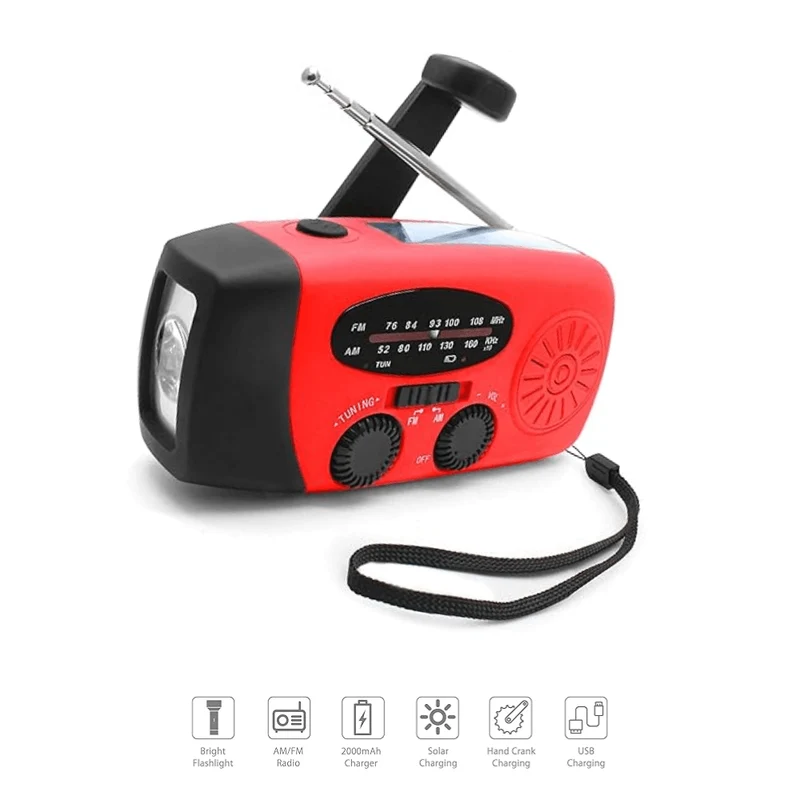 Noodradio met Zaklamp en Oplader | Handdynamo, Zonne-energie & USB