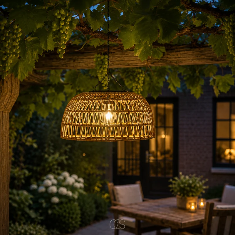 Gevlochten Solar Hanglamp Ø30cm Rotan Look Warm Wit LED Draadloos Tuinverlichting voor Terras Balkon | Sansoti