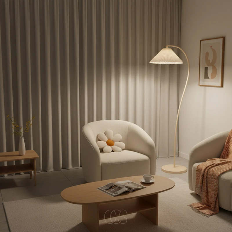 Staande Leeslamp Gebogen Arm Geplooide Kap Beige E27 Woonkamer Slaapkamer Leeshoek Dimbaar Sfeerverlichting | Sansoti