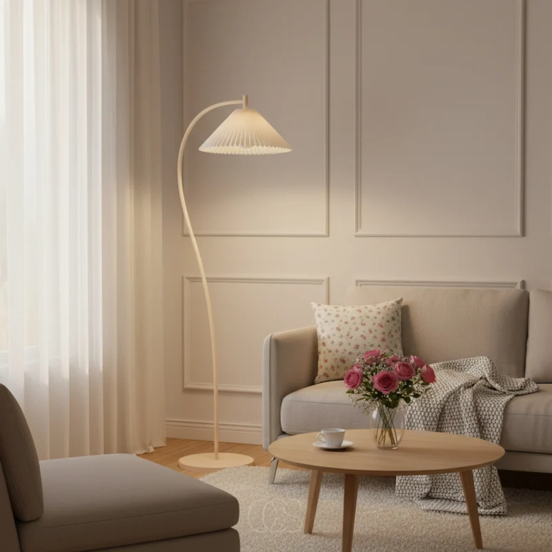 Staande Leeslamp Gebogen Arm Geplooide Kap Beige E27 Woonkamer Slaapkamer Leeshoek Dimbaar Sfeerverlichting | Sansoti