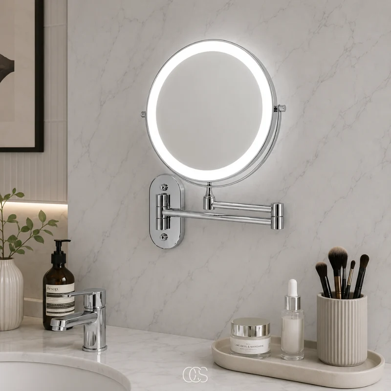 Oplaadbare LED Wandspiegel met Vergrotend Effect 3 Lichtstanden Draadloos 360° Draaibaar Badkamer Make-up 20cm | Sansoti