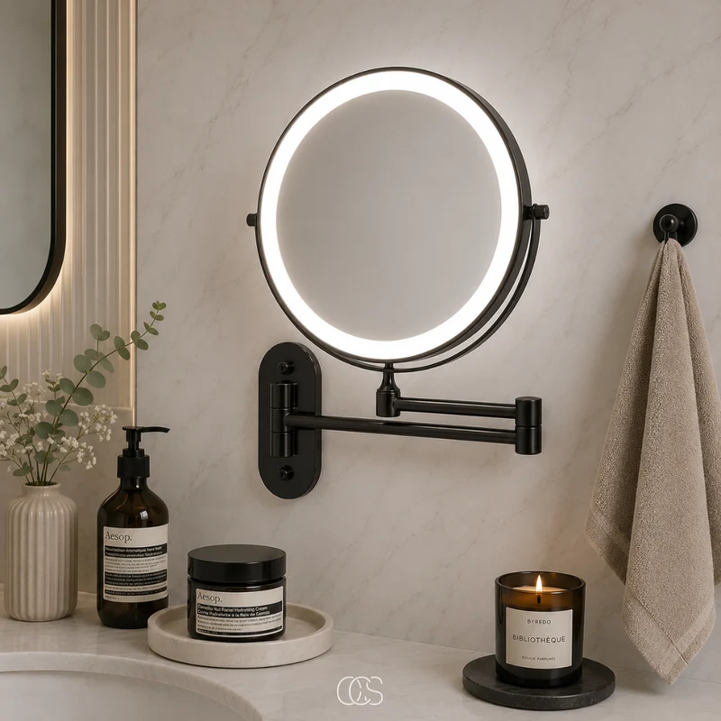 Oplaadbare LED Wandspiegel met Vergrotend Effect 3 Lichtstanden Draadloos 360° Draaibaar Badkamer Make-up 20cm | Sansoti