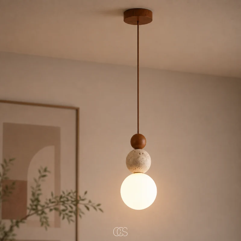 Hanglamp Glazen Bol Travertijn Look Minimalistisch Design Eettafel Sfeerlicht Pendellamp Modern Interieur Woonkamer | Sansoti