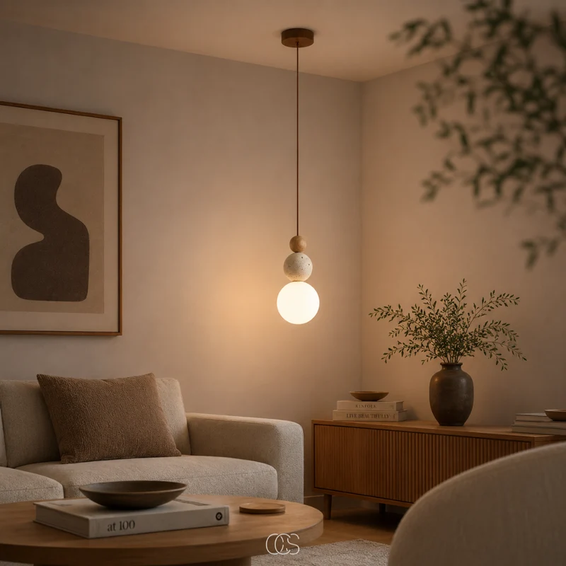 Hanglamp Glazen Bol Travertijn Look Minimalistisch Design Eettafel Sfeerlicht Pendellamp Modern Interieur Woonkamer | Sansoti