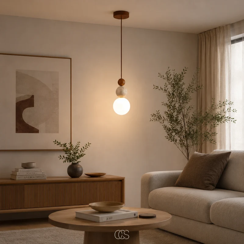 Hanglamp Glazen Bol Travertijn Look Minimalistisch Design Eettafel Sfeerlicht Pendellamp Modern Interieur Woonkamer | Sansoti