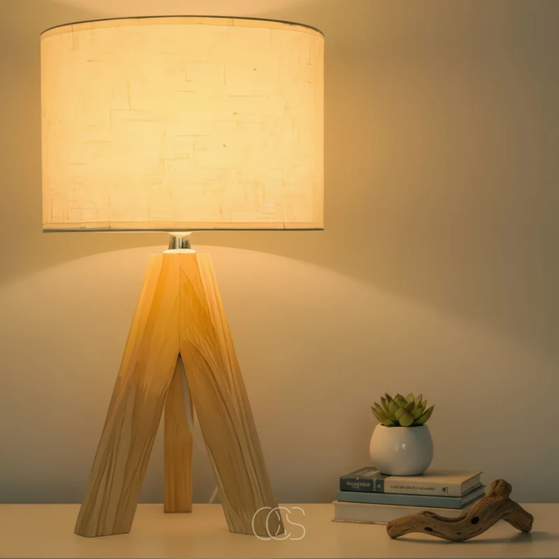 Houten Tafellamp E14 met Textiele Kap Warm Licht Sfeerlamp Nachtkastje Dressoir Woonkamer Scandinavisch | Sansoti