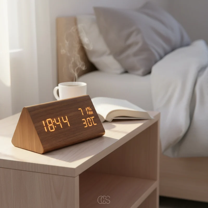 Digitale Wekker Hout LED met Temperatuurmeter Luchtvochtigheid Dimbaar Display Slaapkamer Nachtlampje | Sansoti