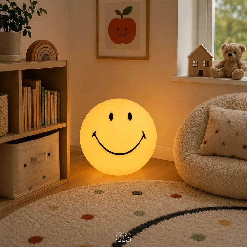 Smiley LED Tafellamp Geel 24cm Dimbaar Warm Wit Licht Nachtlampje Kinderkamer Slaapkamer Sfeerverlichting | Sansoti