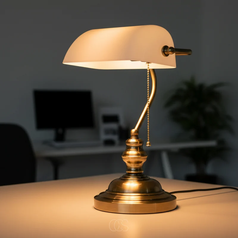 Klassieke Bankierslamp met Glazen Kap Bureauverlichting Metaal E27 Trekschakelaar 39cm Retro Tafellamp | Sansoti