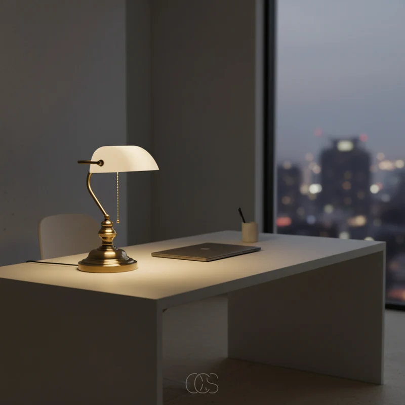 Klassieke Bankierslamp met Glazen Kap Bureauverlichting Metaal E27 Trekschakelaar 39cm Retro Tafellamp | Sansoti