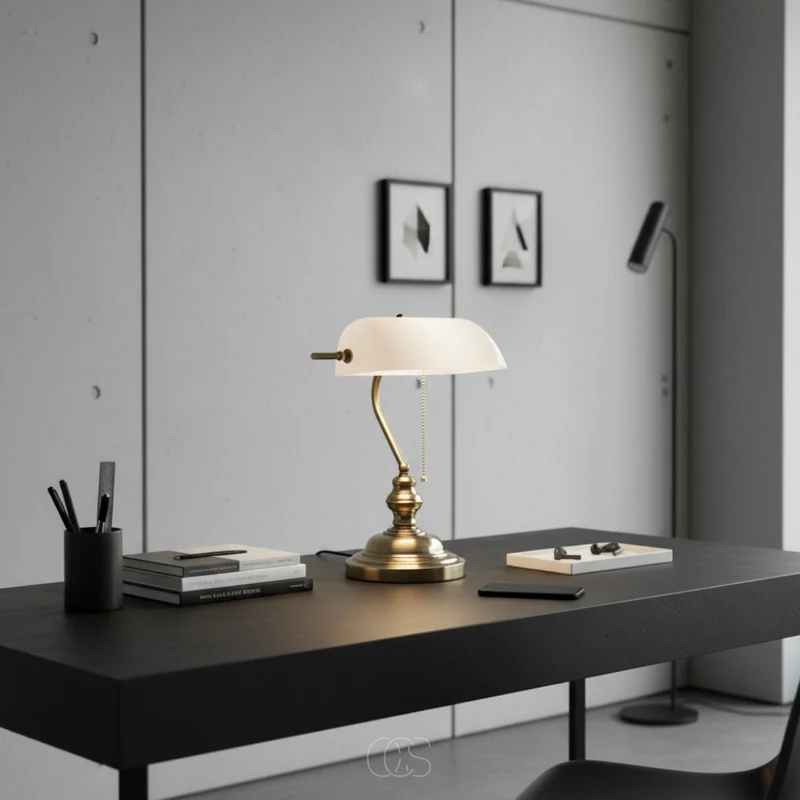 Klassieke Bankierslamp met Glazen Kap Bureauverlichting Metaal E27 Trekschakelaar 39cm Retro Tafellamp | Sansoti