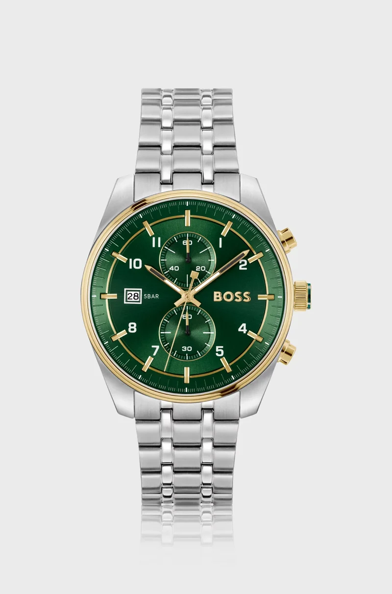 BOSS Skytraveller 1514195 Herren Armbanduhr Silber • Zweifarbiger Chronograph • Grünes Zifferblatt