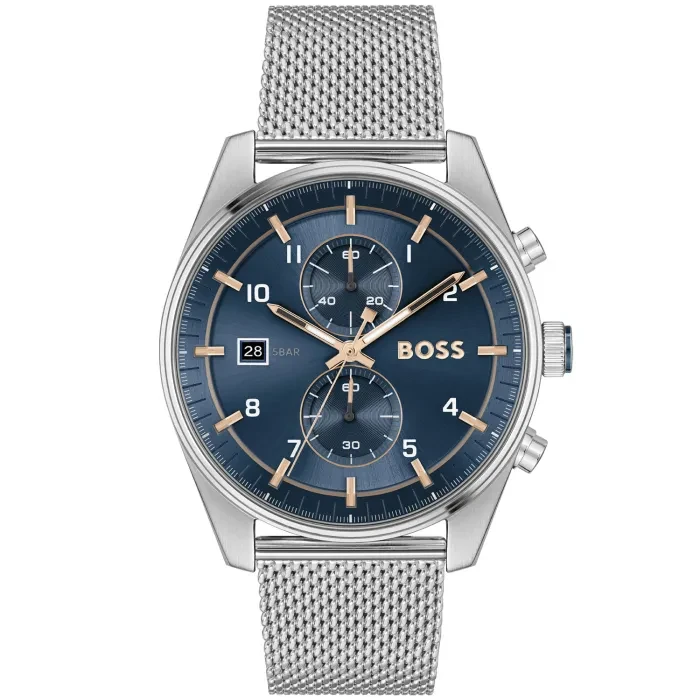 BOSS Skytraveller 1514149 Herren Armbanduhr Blau • Chronograph • Edelstahl-Mesh-Armband