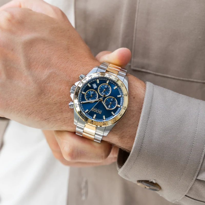 BOSS Hero Sport 1513767 Herren Armbanduhr Bicolor • Chronograph-Optik mit Tachymeter • 5 BAR Wasserdicht