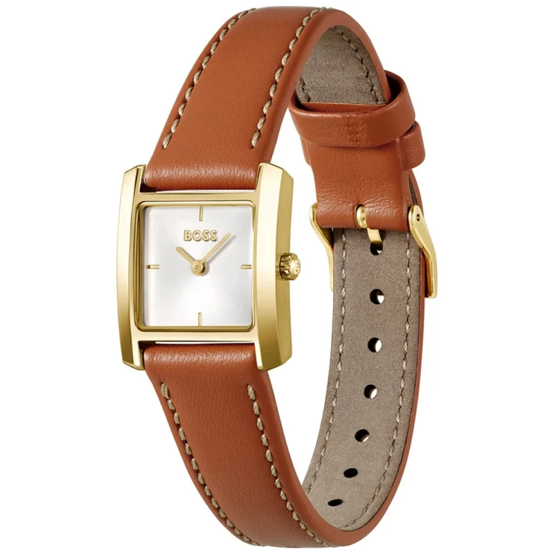 BOSS Lucy Scala 1502846 Damen Armbanduhr Goldfarben • Mineralglas • Lederarmband Braun