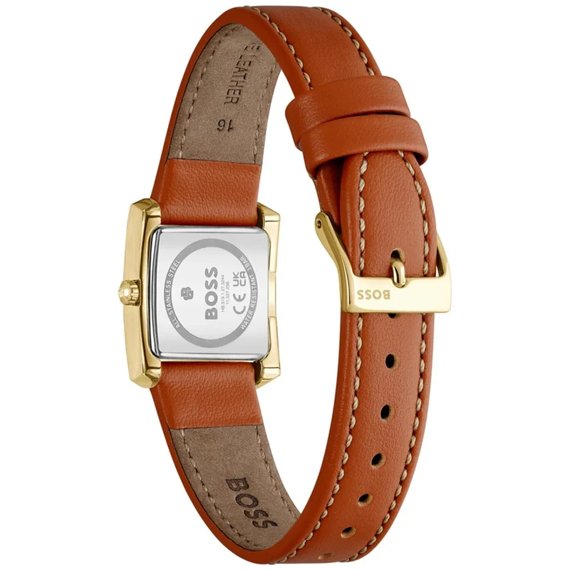 BOSS Lucy Scala 1502846 Damen Armbanduhr Goldfarben • Mineralglas • Lederarmband Braun