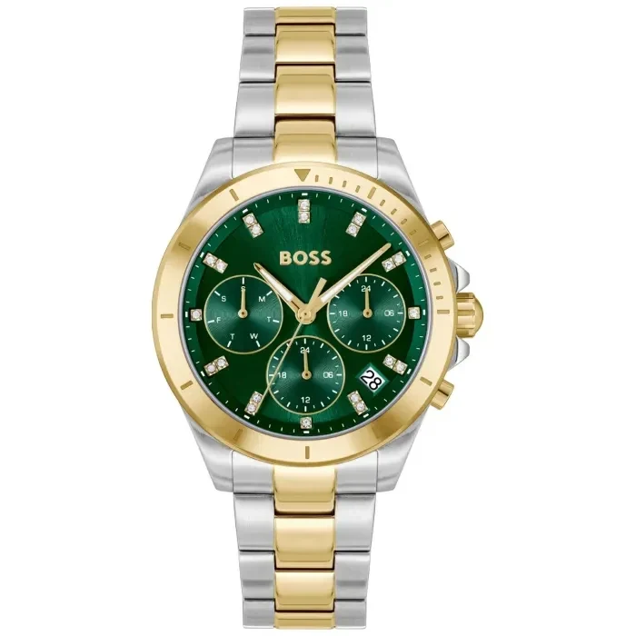 BOSS Alley 1502827 Damen Armbanduhr Grün • Quarzwerk • Bicolor Edelstahl