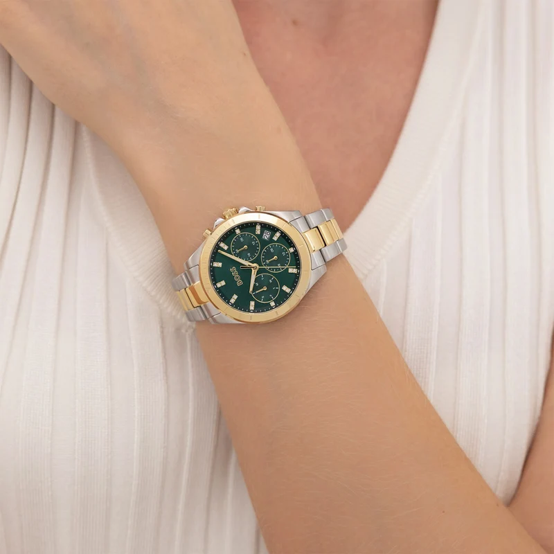 BOSS Alley 1502827 Damen Armbanduhr Grün • Quarzwerk • Bicolor Edelstahl