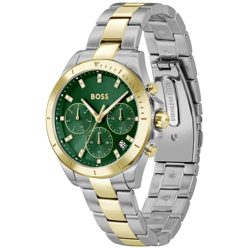 BOSS Alley 1502827 Damen Armbanduhr Grün • Quarzwerk • Bicolor Edelstahl
