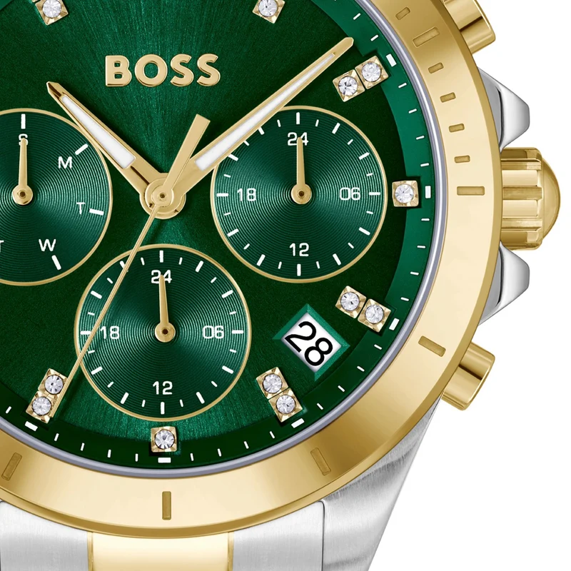 BOSS Alley 1502827 Damen Armbanduhr Grün • Quarzwerk • Bicolor Edelstahl
