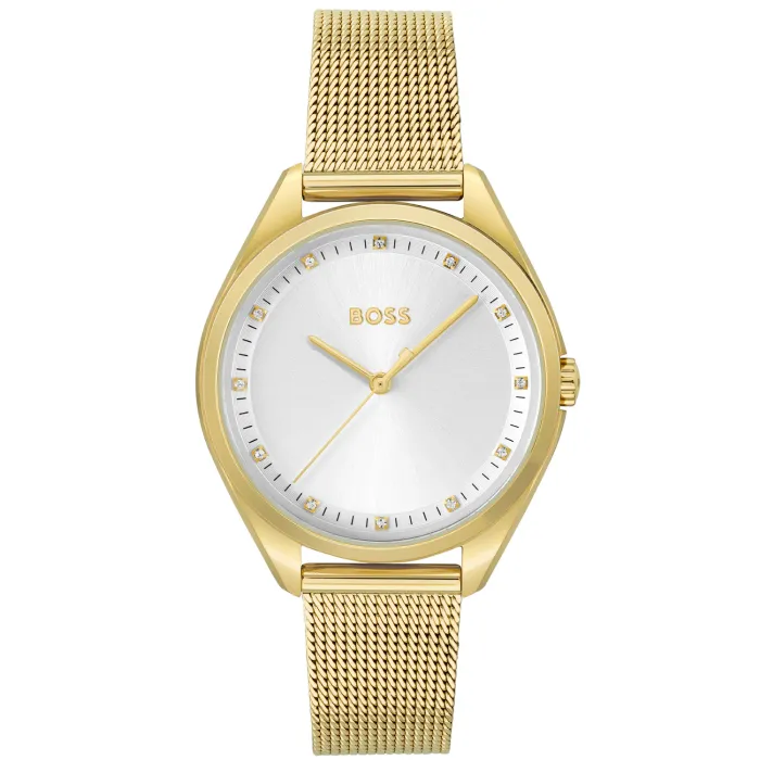 BOSS Saya 1502669 Damen Armbanduhr Goldfarben • Milanaise-Netzarmband • Zirkonia-Zifferblatt