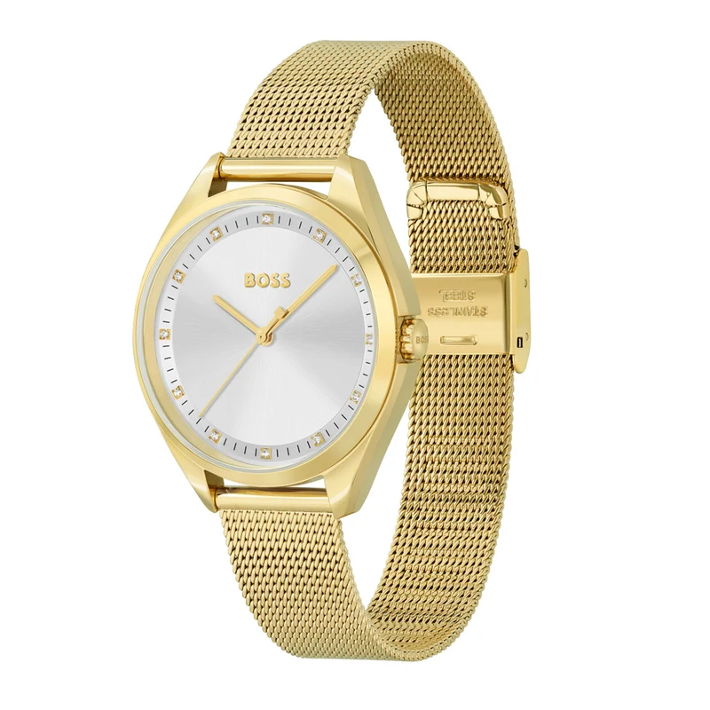 BOSS Saya 1502669 Damen Armbanduhr Goldfarben • Milanaise-Netzarmband • Zirkonia-Zifferblatt