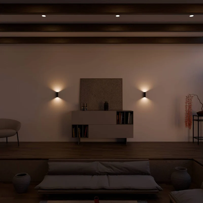 Compacte led wandlamp met warm up-down licht voor interieur en gevel | Sansoti