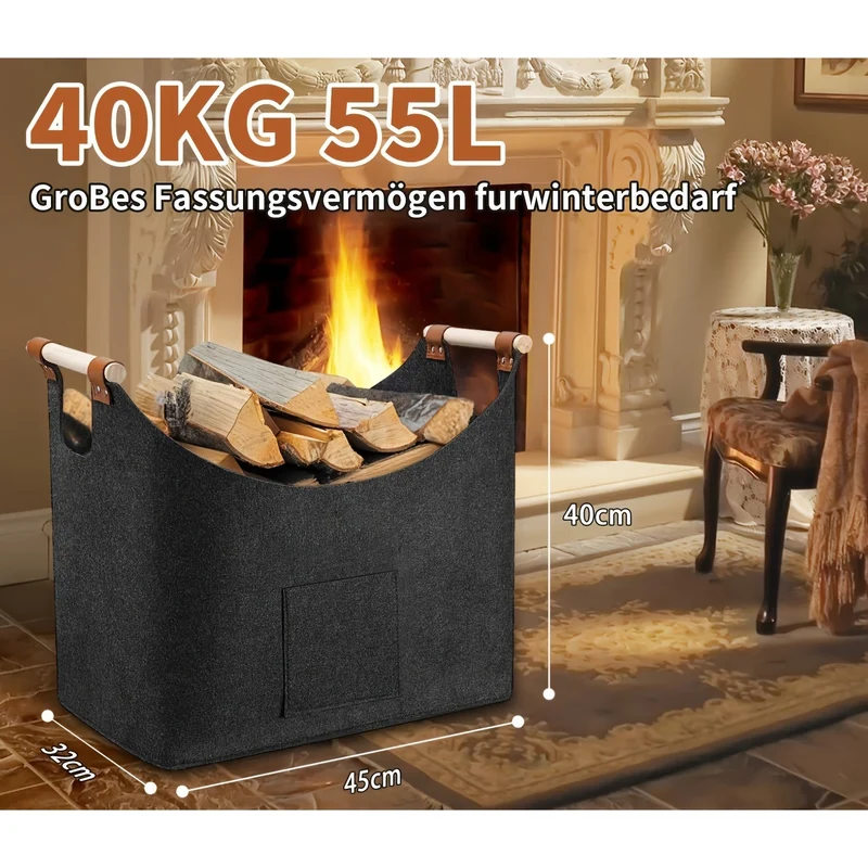 Vilten Haardhoutmand 55L – Grote Haardhout Opbergmand voor Open Haard & Houtkachel | Sansoti