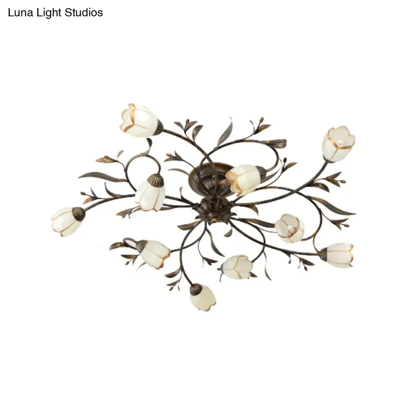 Landelijke Kroonluchter Glas & Messing 4-12 Lichtpunten Bloemranken Plafondlamp Romantische Verlichting | Sansoti