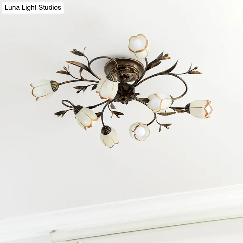 Landelijke Kroonluchter Glas & Messing 4-12 Lichtpunten Bloemranken Plafondlamp Romantische Verlichting | Sansoti